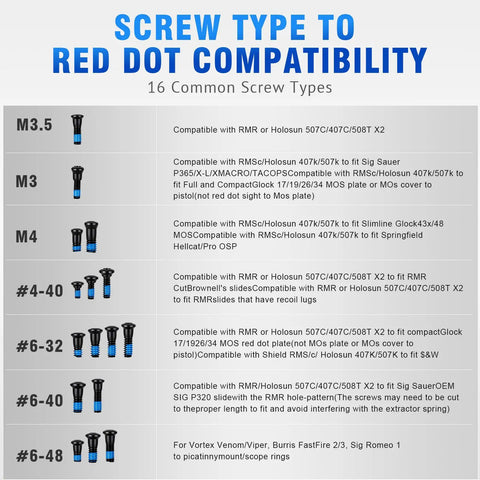 Heavy Duty Red Dot Sight Screw Kit With Multiple Size Mounting Hardware For Pistols And Optics Drop In Setup No Sweat Rigging Tight Secure Fit Built Solid Field Ready Gear Upgrade compatibility chart for various screw types.