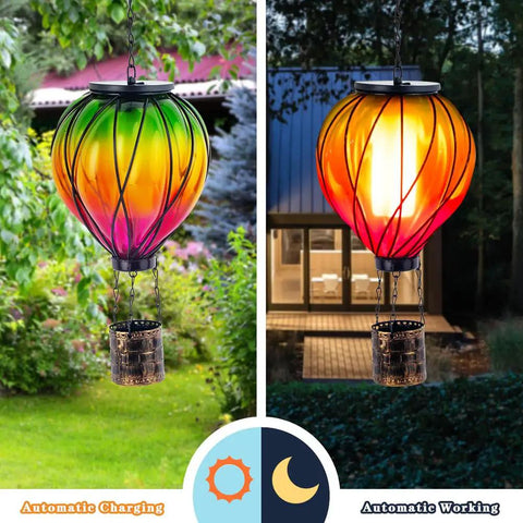 Colorful Solar Hot Air Balloon Lantern With Realistic Flickering Flame For Outdoor Waterproof Hanging Light For Patio Porch Yard Garden Decor Eco Friendly Solar Powered Garden Decor Lighting For Nighttime Vibe Ambience And Easy Dusk To Dawn Operation