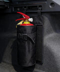 Heavy Duty Fire Extinguisher Storage Bag For Tesla Cybertruck Trunk Organizer with quick release buckle holding a fire extinguisher.