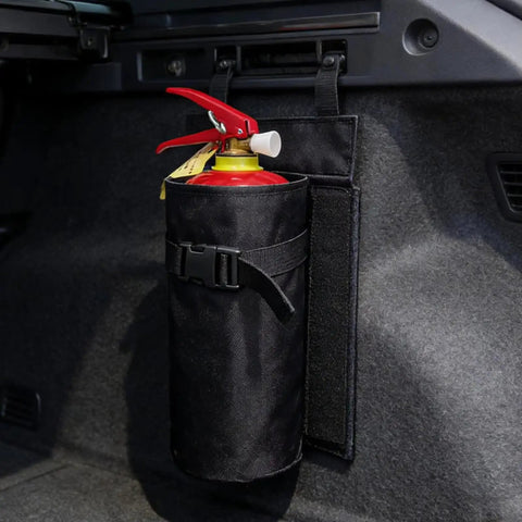 Heavy Duty Fire Extinguisher Storage Bag For Tesla Cybertruck Trunk Organizer with quick release buckle holding a fire extinguisher.