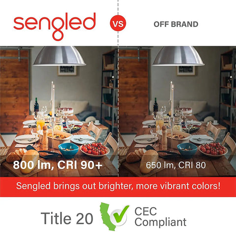 Comparison of Sengled vs Off Brand lighting; showing brighter, vibrant light with Smart Light Bulbs With S1 Auto Pairing For Alexa.