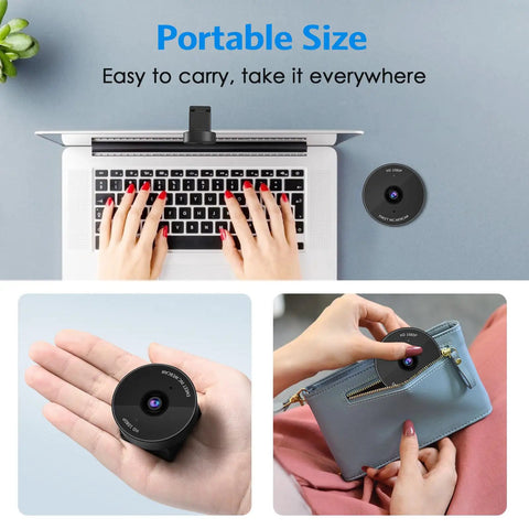 Slick 1080P USB Webcam With Crisp Stereo Mic And Slide Lock Privacy Slider For Dope Video Calls Remote Hustling Live Streaming Plug And Play Top Tier Lens Upgrade placed on a laptop with hands typing.