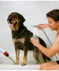 Dog shower hose attachment connected to sink faucet; man rinses a dog in a tub with stainless steel sprayer