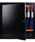 Top Shelf Locking Aluminum Drywall Access Panel With Rock Solid Galvanized Steel Frame And Snug Key Lock Cover open to show plumbing fittings.