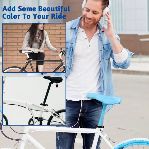 Man wearing headphones standing next to bike with blue saddle; inset shows Universal 31.8mm Bike Seat Post Clamp Quick Release Aluminum.