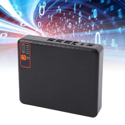 Compact Mini Ups Router Modem Backup Power With 15600 Mah Battery showing power indicator and charging ports.