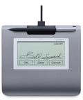 Slick Low Profile Signature Pad With A Sharp 4.5 Inch Monochrome Screen Built For Hassle Free Digital Signing On Pc And Mac The Tight Design Keeps Your Desk Clean While You Get Things Done Remotely, showing a gray surface with a stylus.