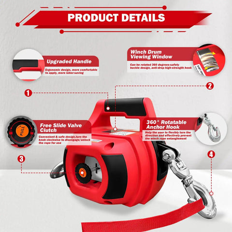 Portable Drill Winch 1500 Pound Capacity With 40 Foot Steel Cable And 360 Degree Swivel Hook, ergonomic handle, detailed view