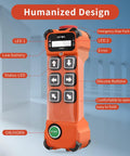 Front view of 6 Channel 12 To 65V Industrial Wireless Crane Remote Control with buttons, display, and emergency stop button.
