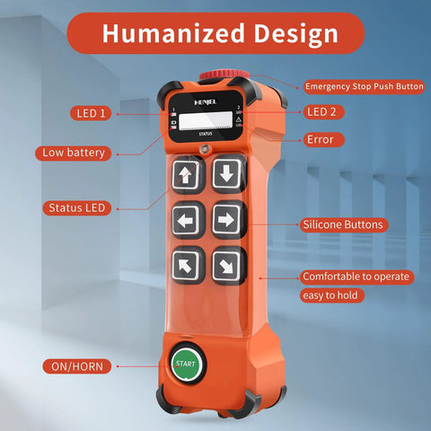 Front view of 6 Channel 12 To 65V Industrial Wireless Crane Remote Control with buttons, display, and emergency stop button.