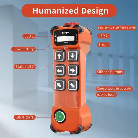 Heavy Duty 6 Button Wireless Crane Remote Control For Industrial Hoist with silicone buttons and LED indicators.
