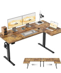 Brown 55x28 Inch Reversible L Shaped Electric Standing Desk With Height Adjustable Sit Stand Motorized Base Ergonomic Computer Corner Table For Home Office Workstation with dual monitors and accessories.