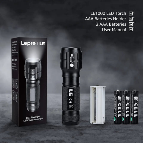 Compact LED Flashlight With Ultra Bright Output Waterproof Build Adjustable Focus For Outdoor Adventures And Emergency Use AAA Batteries Included Handy Pocket Size Great For Camping Tactical Gear with packaging and batteries