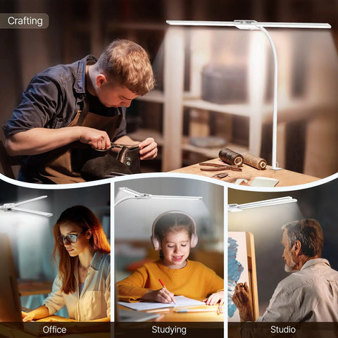 Collage of LED Clamp Desk Lamp With Gooseneck, Eye Care Desk Light For Home Office, showcased in crafting, office, study, studio settings.