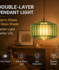 UUSWAWW Plug in Pendant Hanging Light Fixture Green Drum Glass with Fabric Inner Shade, vintage light with double-layer design.