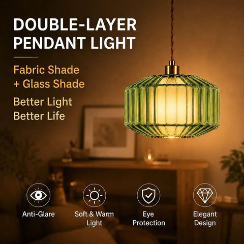 UUSWAWW Plug in Pendant Hanging Light Fixture Green Drum Glass with Fabric Inner Shade, vintage light with double-layer design.