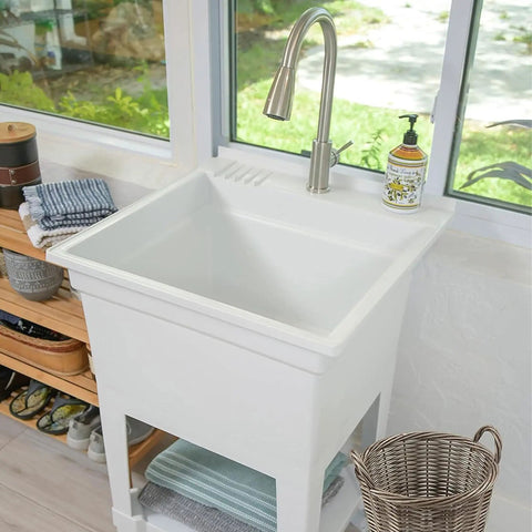 Freestanding Utility Tub Sink With Quick Connect Drain 24x24 White Portable Compact Sink With Heavy Duty Stainless Steel Pullout Faucet in outdoor setting