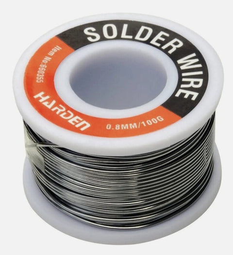 Rosin Core Solder Wire For Electrical Soldering 0.8mm 100g spool viewed from side, showing wire coiled around white plastic base.