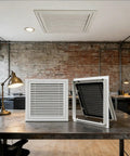 Top Shelf 22X26 Inch White Wall And Ceiling Return Air Vent Cover Slick Airflow Design For Hvac And Plumbing Access No Sweat Mounting Hardware Included Today displayed in an office setting.