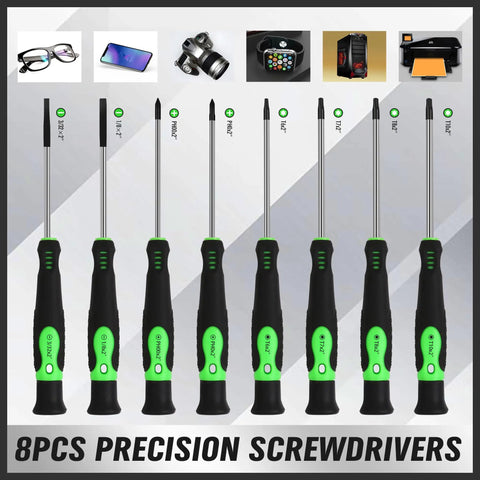 Eight precision screwdrivers from the 118-Piece Magnetic Screwdriver Set With Plastic Rack And Magnetizer Demagnetizer, Precision Tools.