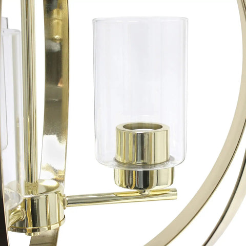 Close-up of 18 Inch Sleek Modern Orb Pendant Light With Adjustable Height Chain Three Light Metal Rings And Clear Glass Shades In Gold Finish