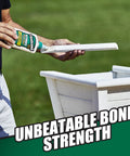 Person applying Ultimate Wood Glue For Strong Bonds in 16 Ounce Bottle to outdoor wooden planter, highlighting unbeatable bond strength.