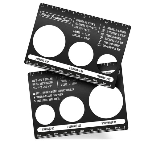 Portion Control Pasta Measurer Tool Stainless Steel Kitchen Gadget For Dope Spaghetti Portions With Built In Ruler In Inches And Centimeters Calorie Guide And Kitchen Conversion Chart Pocket Cooking On Point, black stainless measuring card