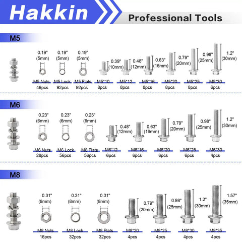 Beast Mode 360 Piece M5 M6 M8 304 Stainless Steel Metric Flange Bolt and Nut Assortment Kit detailed sizes and counts on display.