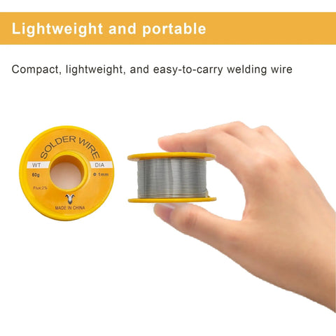 Hand holding No Clean Solder Wire For Electrical Soldering And Do It Yourself Pro Grade Precision Repairs 1mm Diameter 50g reel