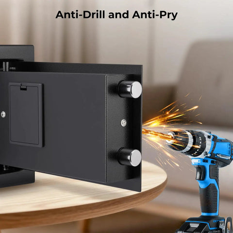 Smart Biometric Fingerprint Safe Lockbox With 3 Way Access showing anti-drill feature with power drill resistance