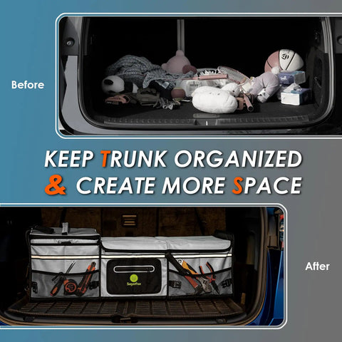 Before and after of car trunk using the 95L Car Trunk Organizer With 26L Ice Pack, Waterproof Foldable Storage For SUVs And Cars.