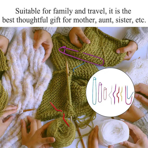Hands using 19 Piece Knitting Cable Stitch Holders Set With Aluminum Cable Needles Bent Tapestry Needles And Safety Pins For Yarn Crochet And Sewing Projects Includes U Cable Stitch Holders Stitch Markers Must Have Handy Accessories For Yarn Lovers on green and white knitted squares.