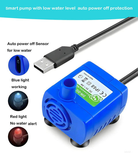 Cat Water Fountain Pump Submersible USB 5V, Ultra Quiet No Fuss Auto Shut Off, Water Level Sensor, LED Indicator, Stainless Steel IP68, Replacement Pump Compatible With DR-DC160, Automatic Pet Water Dispenser, showing blue submersible pump with USB connection and LED indicators.