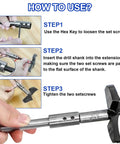 Image showing how to use Tough As Nails Ten Inch Forstner Bit Extension with hex key and drill shank insertion steps.