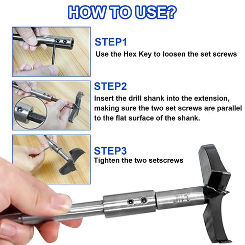 Image showing how to use Tough As Nails Ten Inch Forstner Bit Extension with hex key and drill shank insertion steps.