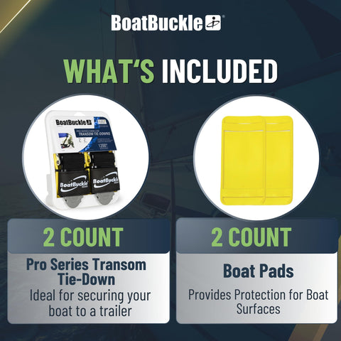 Pro Series Kwik Lok Transom Boat Tie Down Straps 2 Pack 2 Inch By 4 Foot Adjustable With Boat Pads image showing package contents.