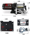 Dimensions and components of 2500Lb 12V Electric Winch With Waterproof Steel Cable, Wired Remote Control And Mounting Plate for ATV UTV.
