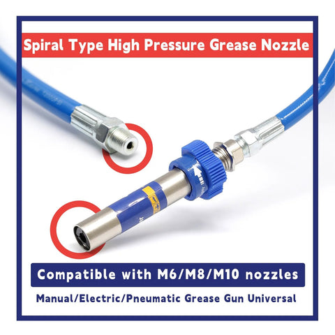 Blue spiral-type high-pressure grease nozzle with lock-clamp and hose adapter, fits M6/M8/M10 grease guns