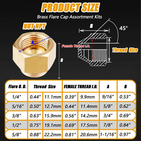 Product size chart for Brass Flare Cap Set For Compression Stop Valves 5 Piece Kit With Tubing Sizes From One Quarter Inch To Five Eighth Inch