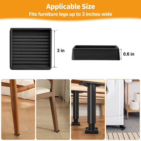 Non Slip Rubber Furniture Pads 8 Pack Black Square, 3 in size for furniture legs up to 3 inches wide, heavy duty floor savers.