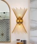 Gold Starburst Wall Sconce Vanity Light With Two Bulbs For Bathroom Hallway And Bedroom Mid Century Modern Indoor Lighting Vintage Style Wall Lamp Dope Vibe Home Decor 11 By 4.7 By 15.8 Inches mounted on wall beside mirror