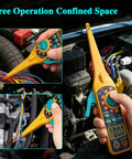 Automotive Circuit Tester with Hook Probe in use, 4-in-1 Digital Multimeter for car and truck electrical diagnostics displayed on engine