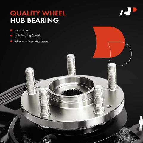 Beefed Up Front Left Steering Knuckle And Wheel Bearing Hub Assembly For Hyundai Santa Fe 2001 2002 2003 2004 With Dust Shield 16 Inch Wheels And 294mm Front Rotor Driver Side Replacement, close-up view.