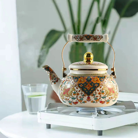 Floral Enamel Tea Kettle With Ceramic Handle Two And A Half Liter Capacity Vintage Gold Beige Boho Porcelain Teapot for Stovetop
