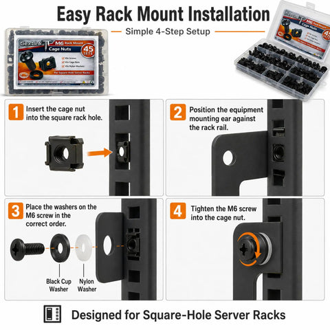 Easy installation guide for Complete 45 Sets M6 Rack Screws And Cage Nuts 180 Piece Pro Gear Server Rig Mounting Hardware Kit.