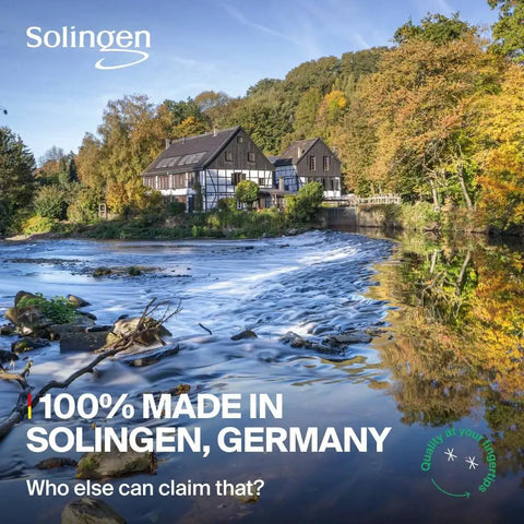 Scenic view of a traditional house by a river in Solingen, Germany, surrounded by lush trees, showcasing the region's craftsmanship.