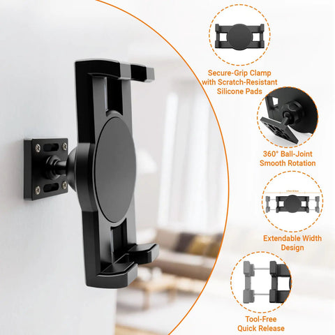 360 Degree Rotating Skateboard Wall Mount For Dope Space Saving Display And Extending Wall Hanger Universal Floating Rack in black, showing secure-grip clamp with silicone pads and 360° ball-joint rotation.