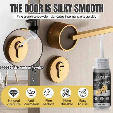 Ultra Fine Graphite Powder Lubricant For Locks Hinges And Window Tracks 3000 Mesh Penetrates Metal Gaps Reduces Friction Builds A Slick Protective Layer Safe For Pine Wood Surfaces showing application on a lock with a bottle beside it.
