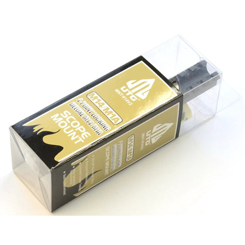 New Gen 4-Point Locking Deluxe Scope Mount for M14 M1A Rifles packaging in matte black and gold box.