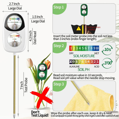 2-In-1 Soil Moisture And pH Test Kit With Dual Dial Meter For Plants, illustrated guide showing insertion and measurement steps.